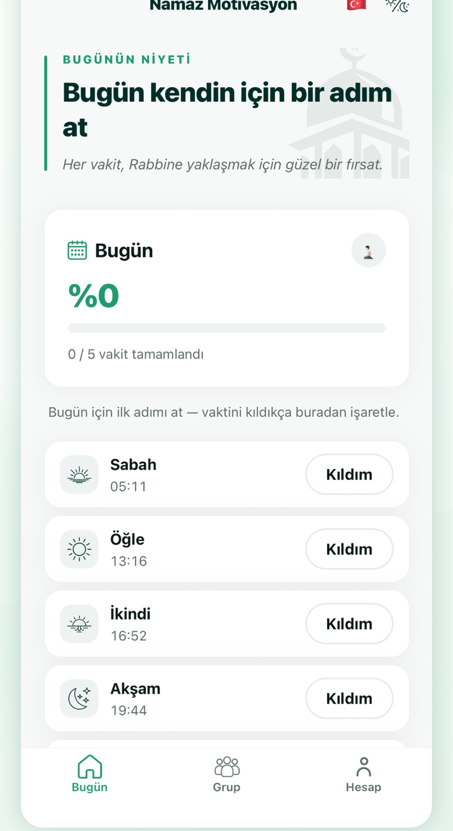 Namaz Motivasyonu — Bugün ekranı