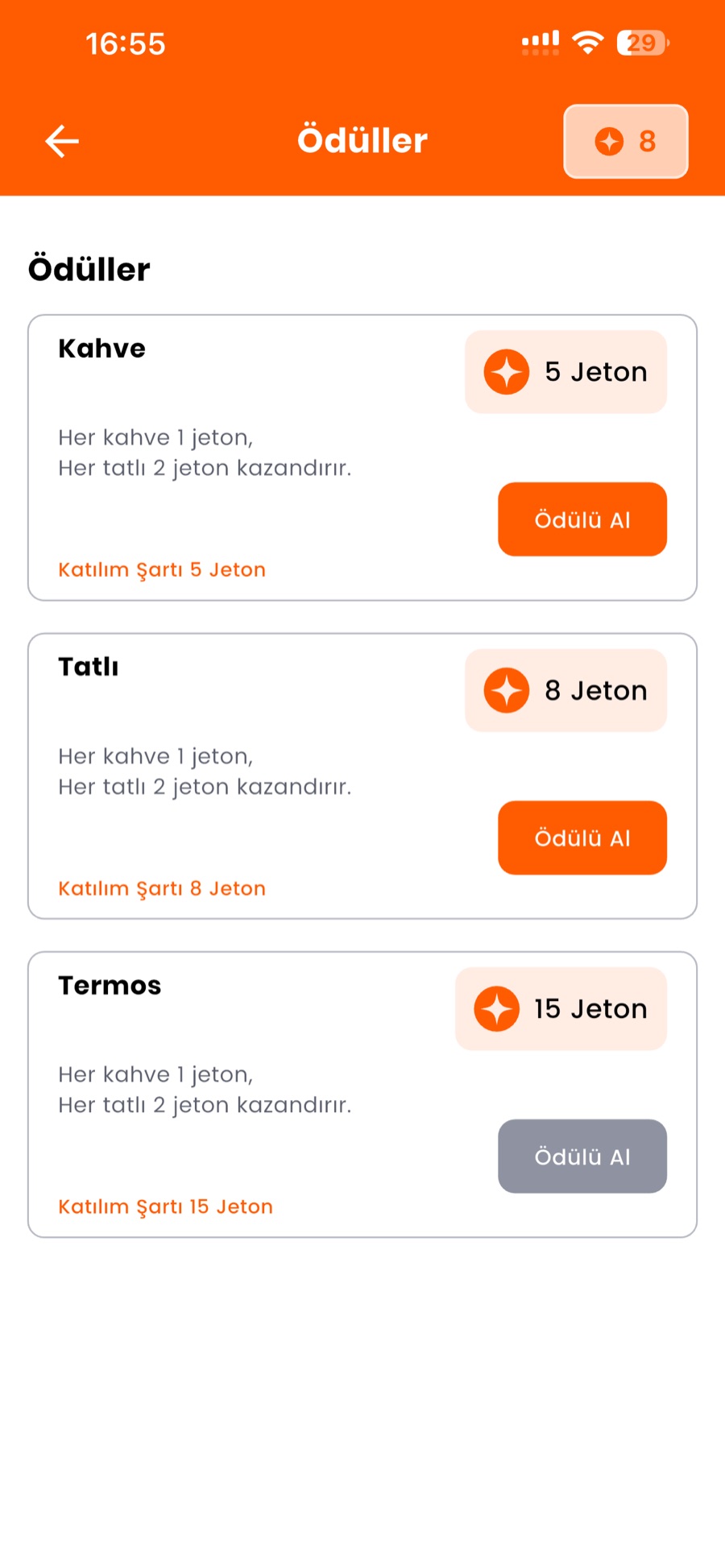 Ole uygulaması — ödüller ekranı